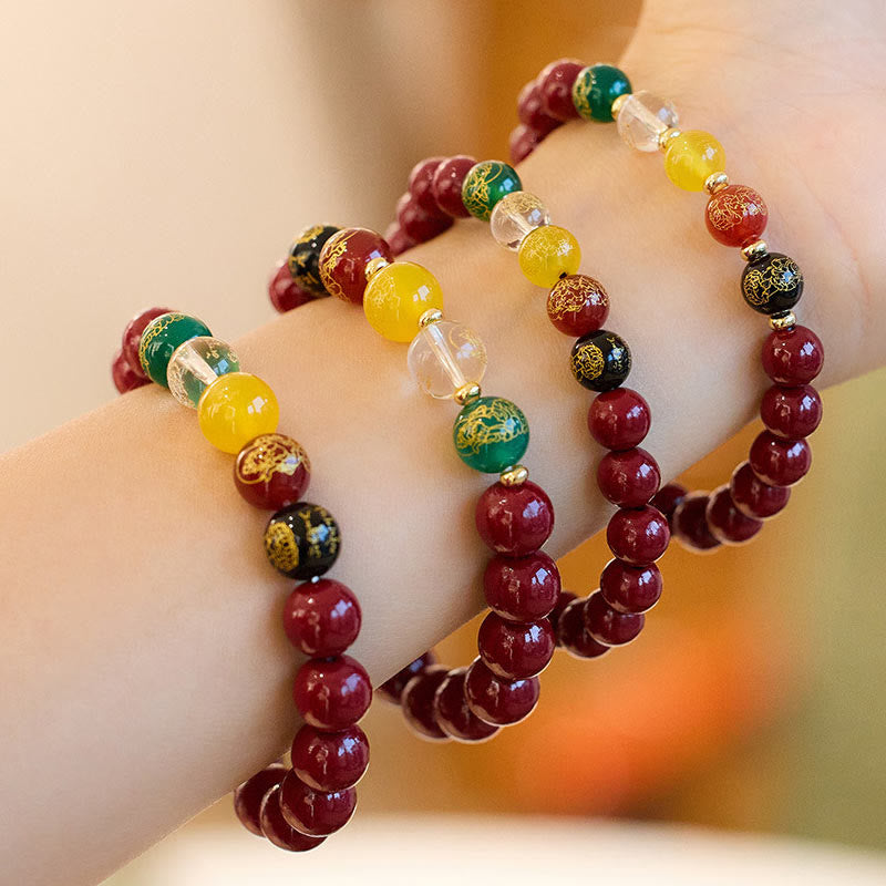 Wear FengShui Cinnabar Agate Five Directions Gods Of Wealth Blessing Bracelet