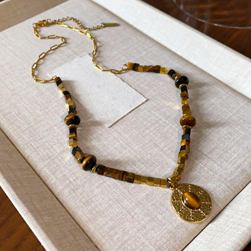 Wear FengShui Natural Tiger Eye Square Protection Titanium Steel Necklace Pendant