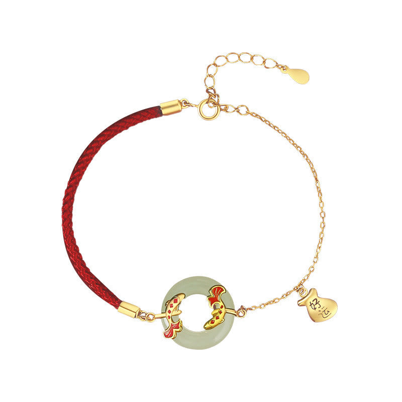 Wear FengShui 999 Sterling Silver Hetian White Jade Double Koi Fish Peace Buckle Lucky Charm Wealth Bracelet