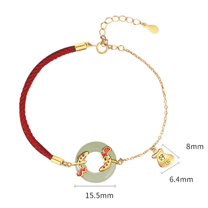 Wear FengShui 999 Sterling Silver Hetian White Jade Double Koi Fish Peace Buckle Lucky Charm Wealth Bracelet