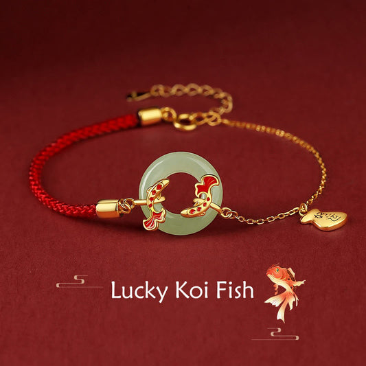 Wear FengShui 999 Sterling Silver Hetian White Jade Double Koi Fish Peace Buckle Lucky Charm Wealth Bracelet