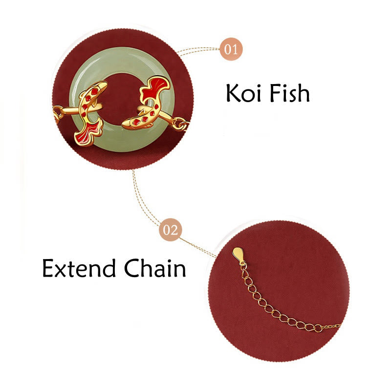 Wear FengShui 999 Sterling Silver Hetian White Jade Double Koi Fish Peace Buckle Lucky Charm Wealth Bracelet