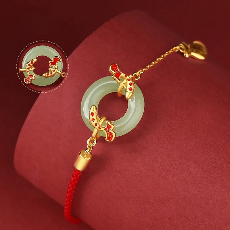 Wear FengShui 999 Sterling Silver Hetian White Jade Double Koi Fish Peace Buckle Lucky Charm Wealth Bracelet