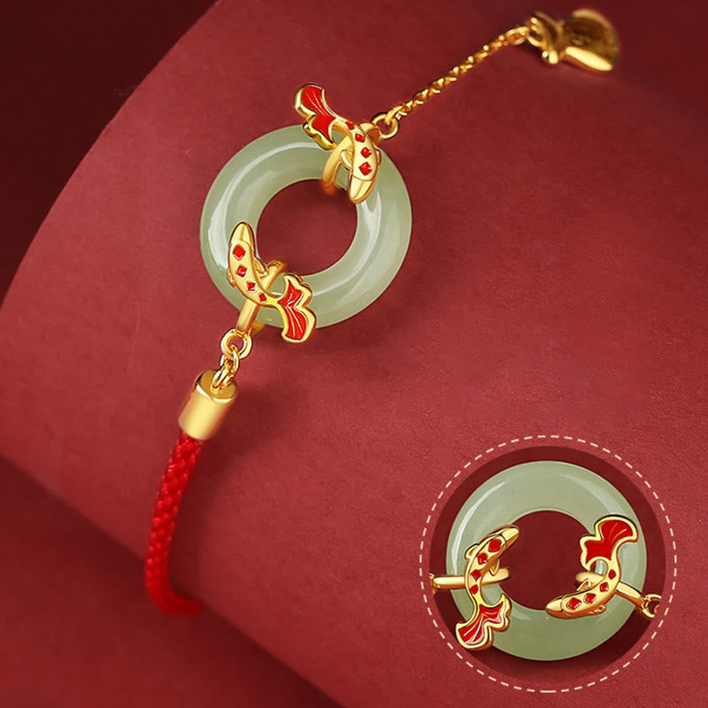 Wear FengShui 999 Sterling Silver Hetian White Jade Double Koi Fish Peace Buckle Lucky Charm Wealth Bracelet