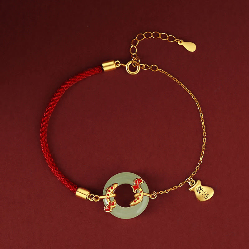 Wear FengShui 999 Sterling Silver Hetian White Jade Double Koi Fish Peace Buckle Lucky Charm Wealth Bracelet