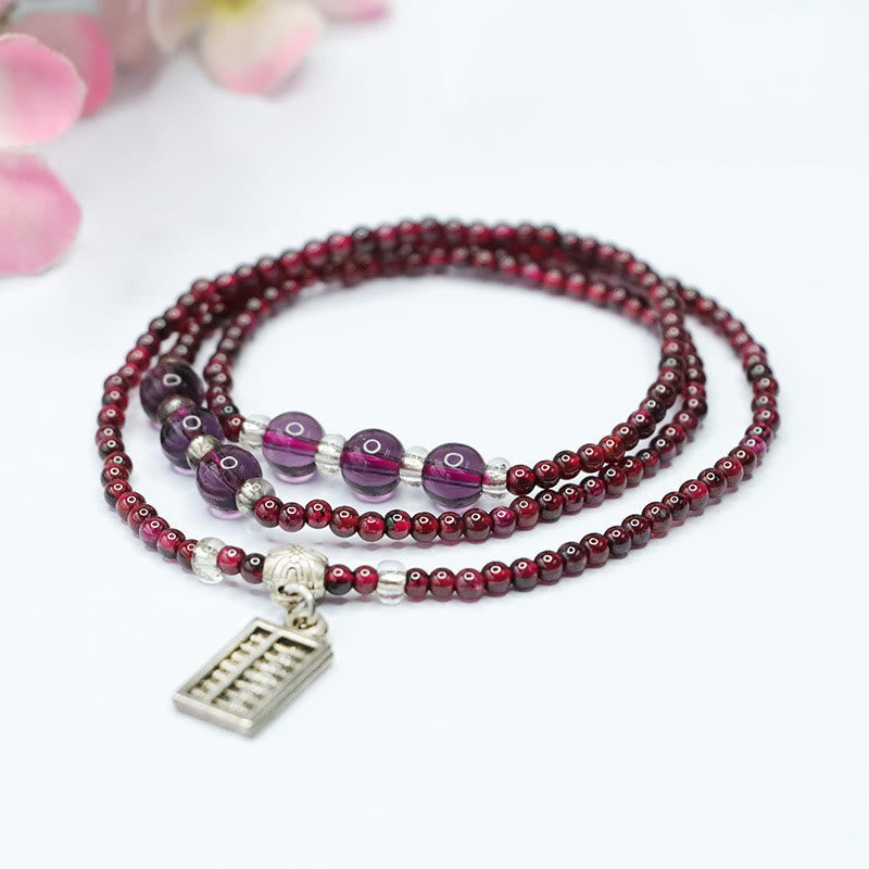 Wear FengShui Natural Garnet Elephant Abacus Lucky Bag PiXiu Protection Triple Wrap Bracelet