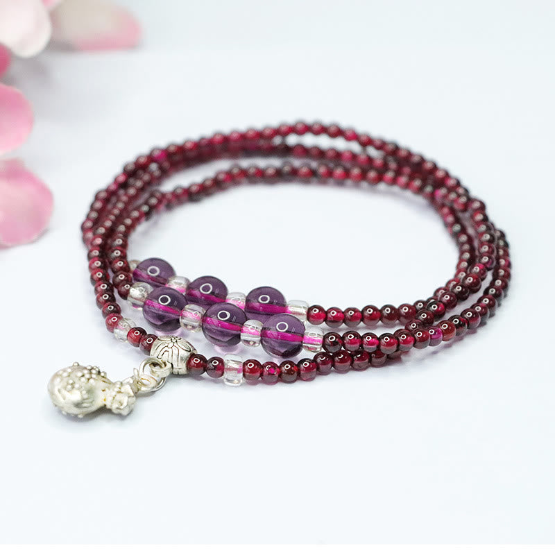 Wear FengShui Natural Garnet Elephant Abacus Lucky Bag PiXiu Protection Triple Wrap Bracelet