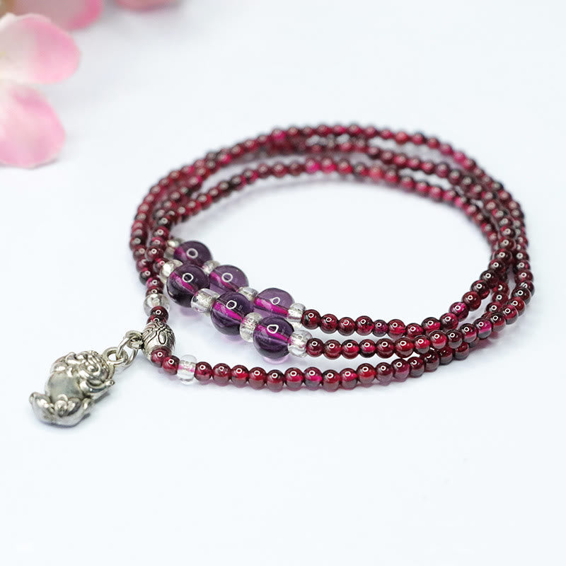 Wear FengShui Natural Garnet Elephant Abacus Lucky Bag PiXiu Protection Triple Wrap Bracelet