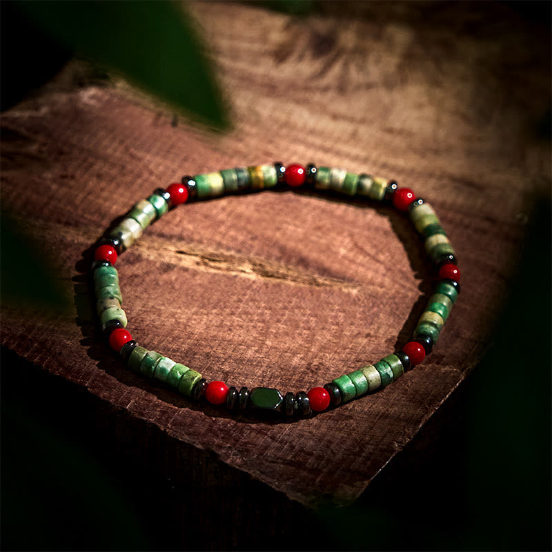 Wear FengShui Natural Green Stone Hematite Red Coral Powerful Bracelet