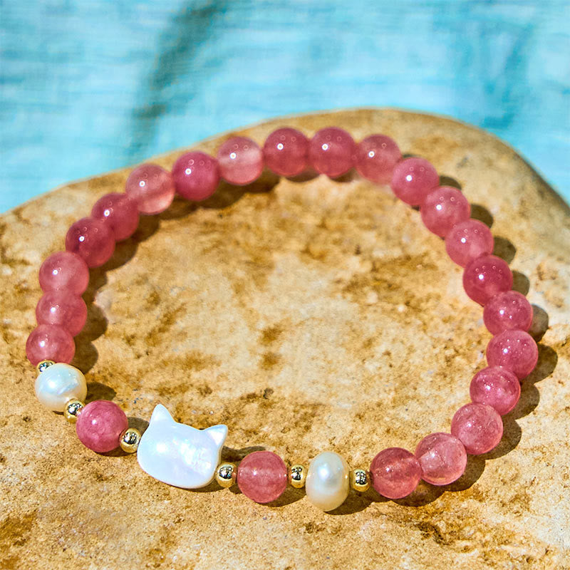 Wear FengShui Strawberry Quartz Pearl Cat Rabbit Healing Bracelet