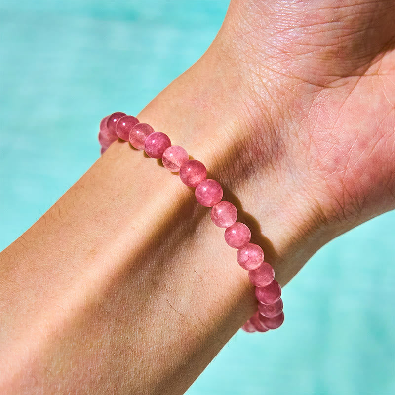 Wear FengShui Strawberry Quartz Pearl Cat Rabbit Healing Bracelet