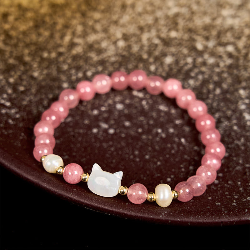 Wear FengShui Strawberry Quartz Pearl Cat Rabbit Healing Bracelet