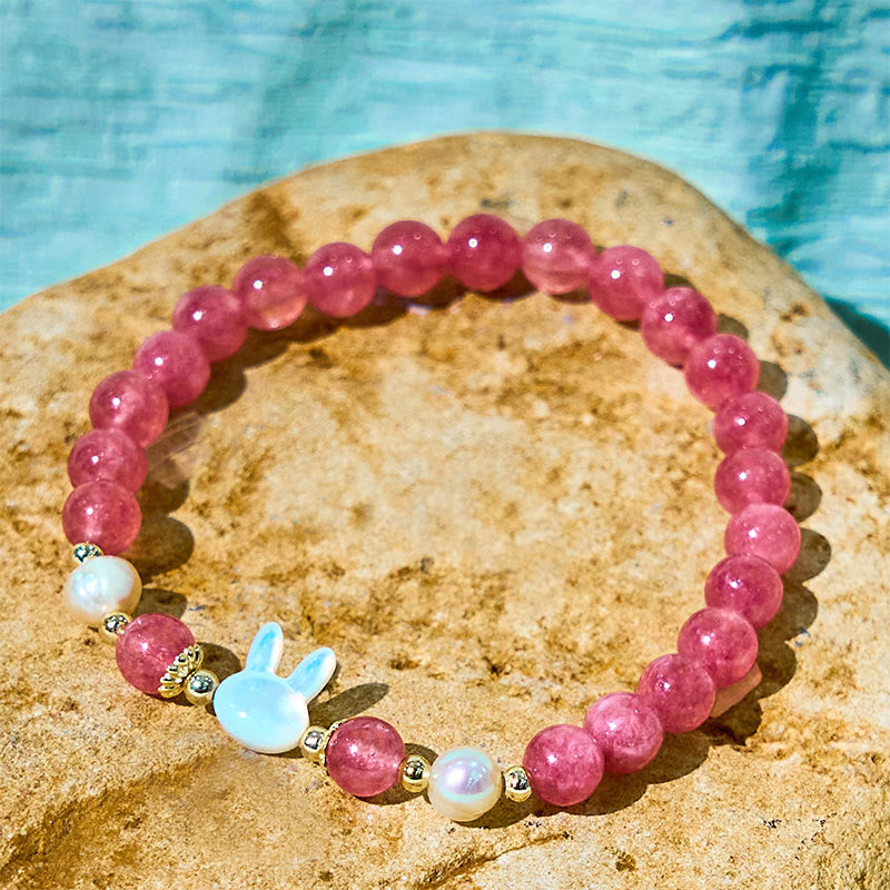 Wear FengShui Strawberry Quartz Pearl Cat Rabbit Healing Bracelet