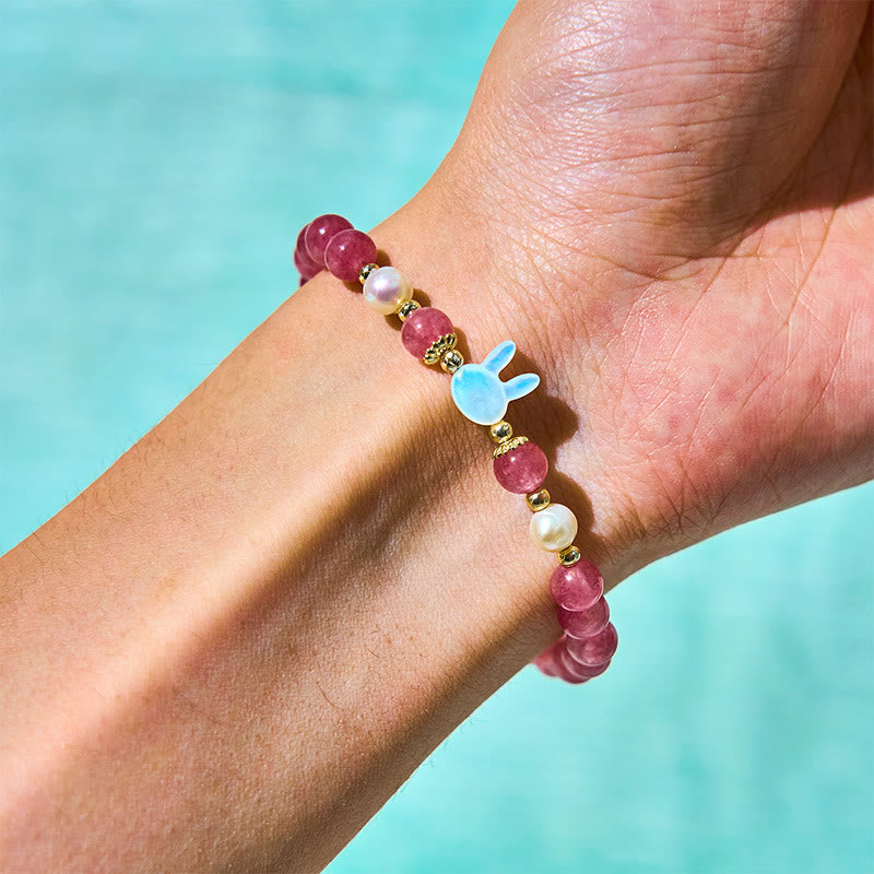 Wear FengShui Strawberry Quartz Pearl Cat Rabbit Healing Bracelet