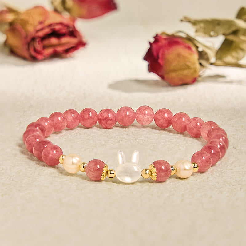 Wear FengShui Strawberry Quartz Pearl Cat Rabbit Healing Bracelet