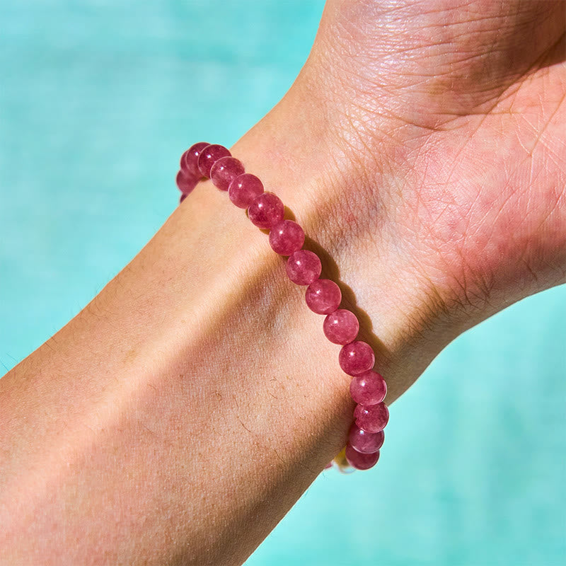 Wear FengShui Strawberry Quartz Pearl Cat Rabbit Healing Bracelet