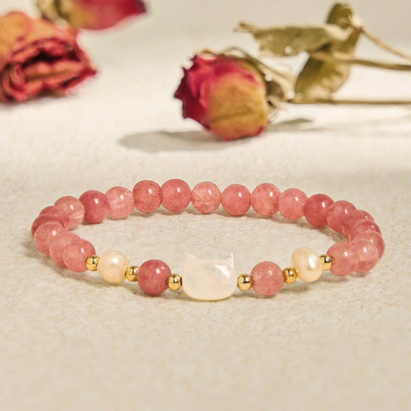Wear FengShui Strawberry Quartz Pearl Cat Rabbit Healing Bracelet