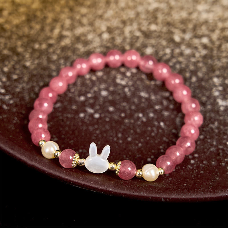 Wear FengShui Strawberry Quartz Pearl Cat Rabbit Healing Bracelet