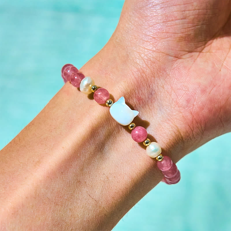 Wear FengShui Strawberry Quartz Pearl Cat Rabbit Healing Bracelet
