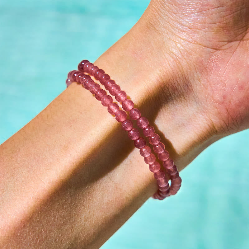 Wear FengShui Natural Strawberry Quartz Pearl Butterfly Water Drop Positive Double Wrap Bracelet