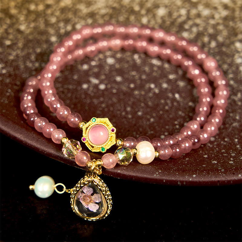 Wear FengShui Natural Strawberry Quartz Pearl Butterfly Water Drop Positive Double Wrap Bracelet
