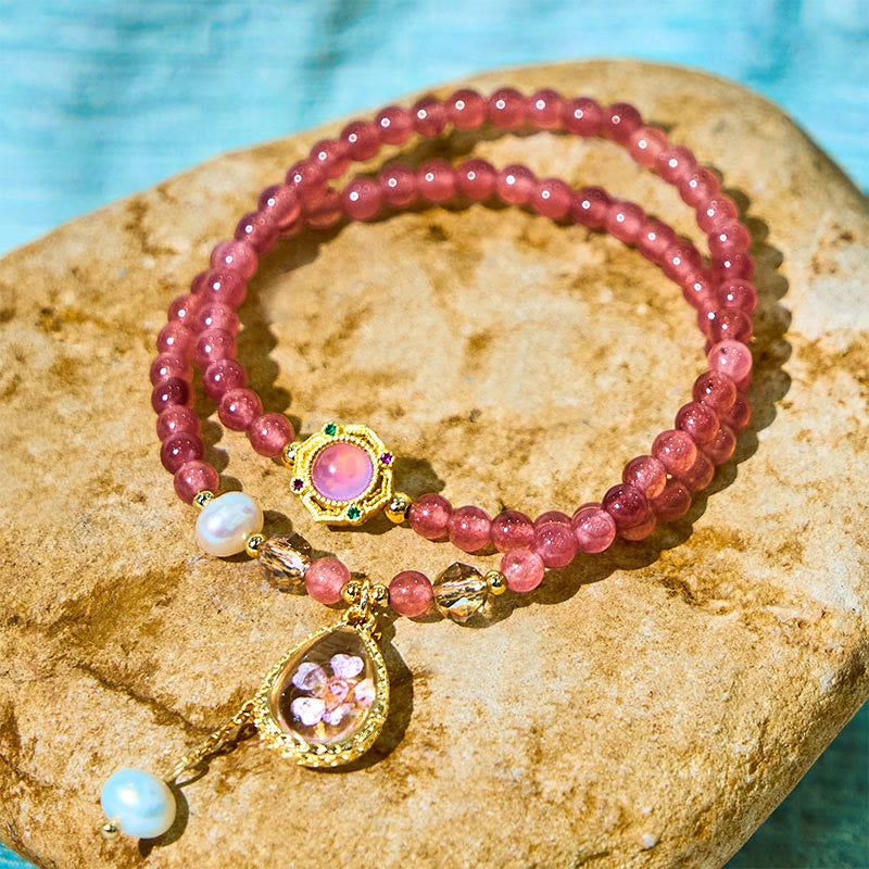 Wear FengShui Natural Strawberry Quartz Pearl Butterfly Water Drop Positive Double Wrap Bracelet