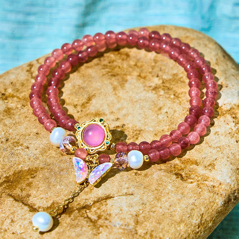 Wear FengShui Natural Strawberry Quartz Pearl Butterfly Water Drop Positive Double Wrap Bracelet