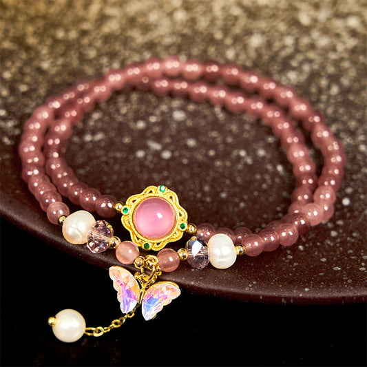 Wear FengShui Natural Strawberry Quartz Pearl Butterfly Water Drop Positive Double Wrap Bracelet