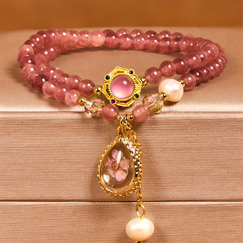 Wear FengShui Natural Strawberry Quartz Pearl Butterfly Water Drop Positive Double Wrap Bracelet