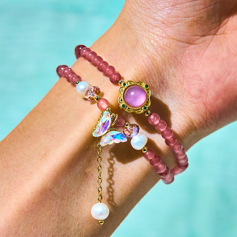 Wear FengShui Natural Strawberry Quartz Pearl Butterfly Water Drop Positive Double Wrap Bracelet