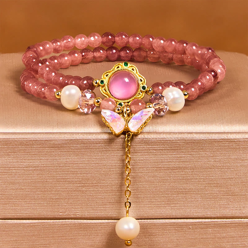 Wear FengShui Natural Strawberry Quartz Pearl Butterfly Water Drop Positive Double Wrap Bracelet