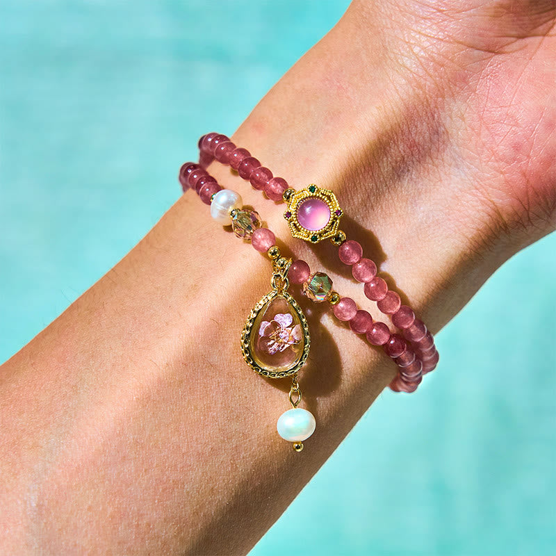 Wear FengShui Natural Strawberry Quartz Pearl Butterfly Water Drop Positive Double Wrap Bracelet