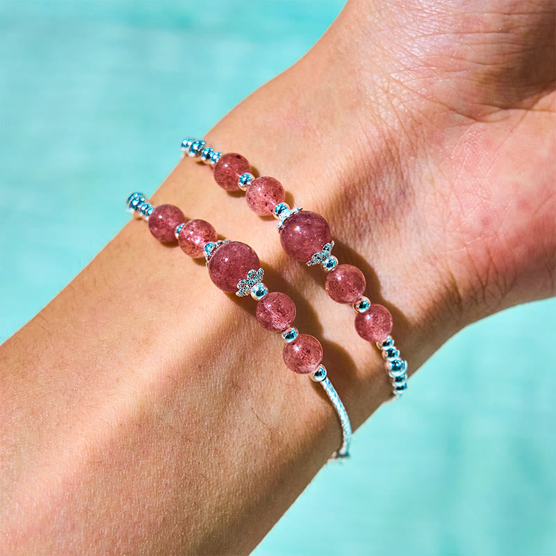Wear FengShui Natural Strawberry Quartz Bow-knot Rosette Charm Healing Double Wrap Bracelet