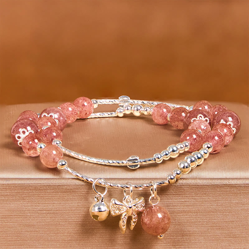 Wear FengShui Natural Strawberry Quartz Bow-knot Rosette Charm Healing Double Wrap Bracelet