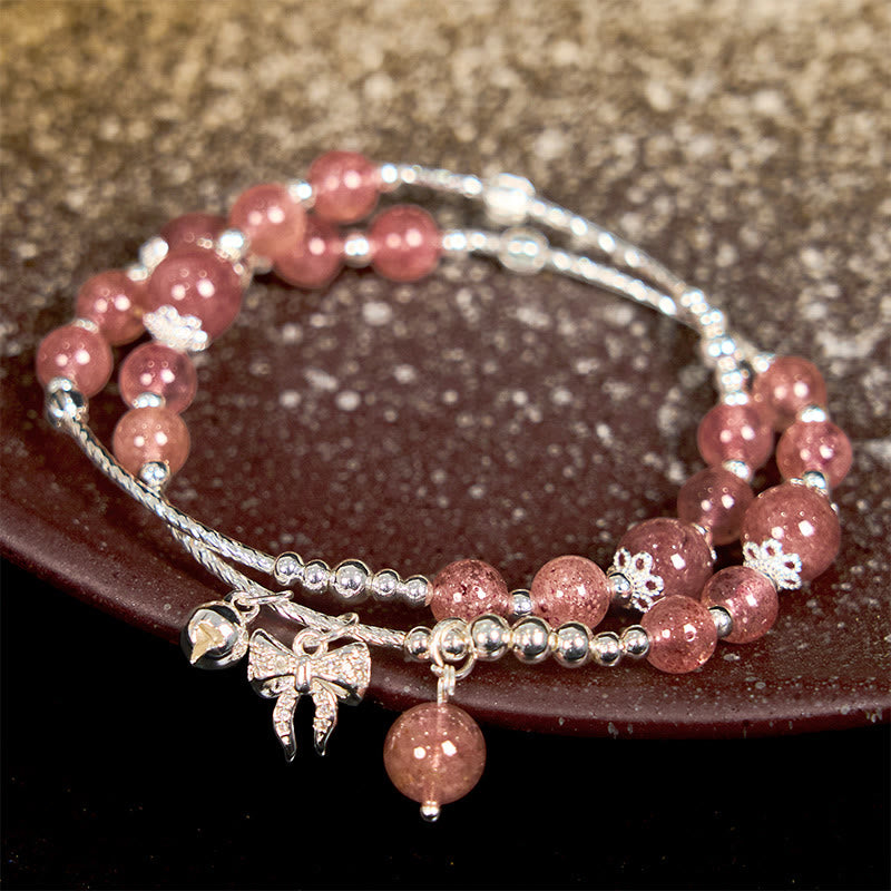 Wear FengShui Natural Strawberry Quartz Bow-knot Rosette Charm Healing Double Wrap Bracelet