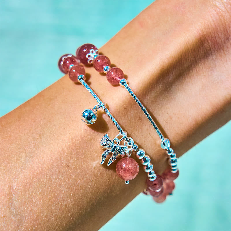 Wear FengShui Natural Strawberry Quartz Bow-knot Rosette Charm Healing Double Wrap Bracelet