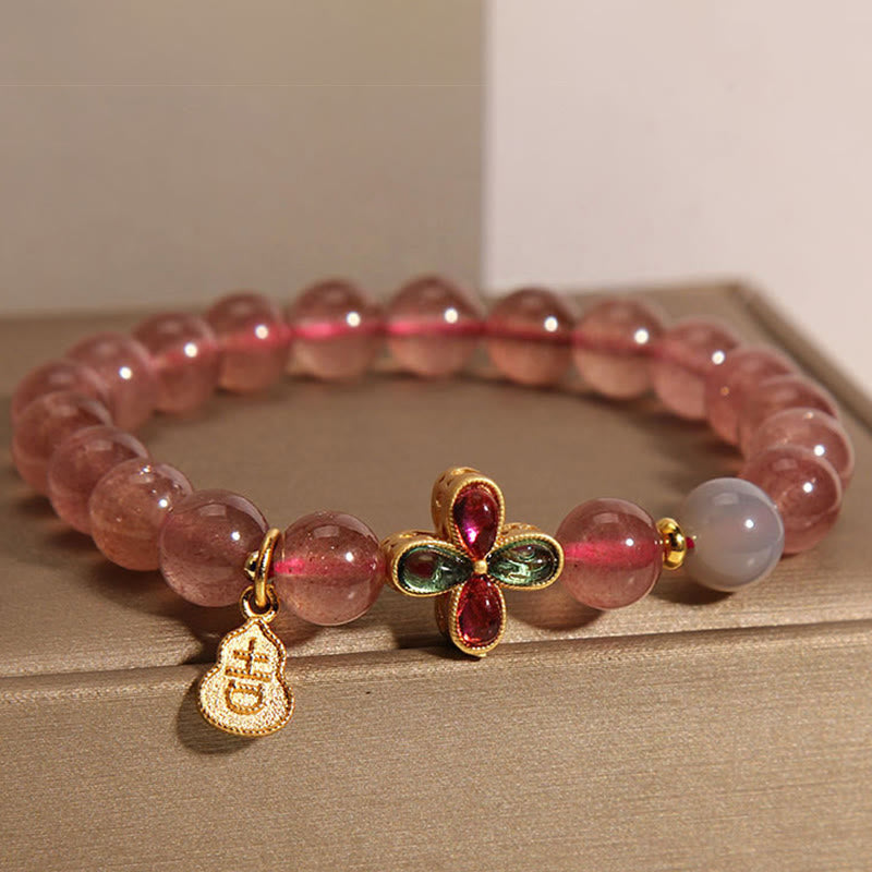 Wear FengShui Strawberry Quartz Four-leaf Clover Lucky Gourd Healing Bracelet