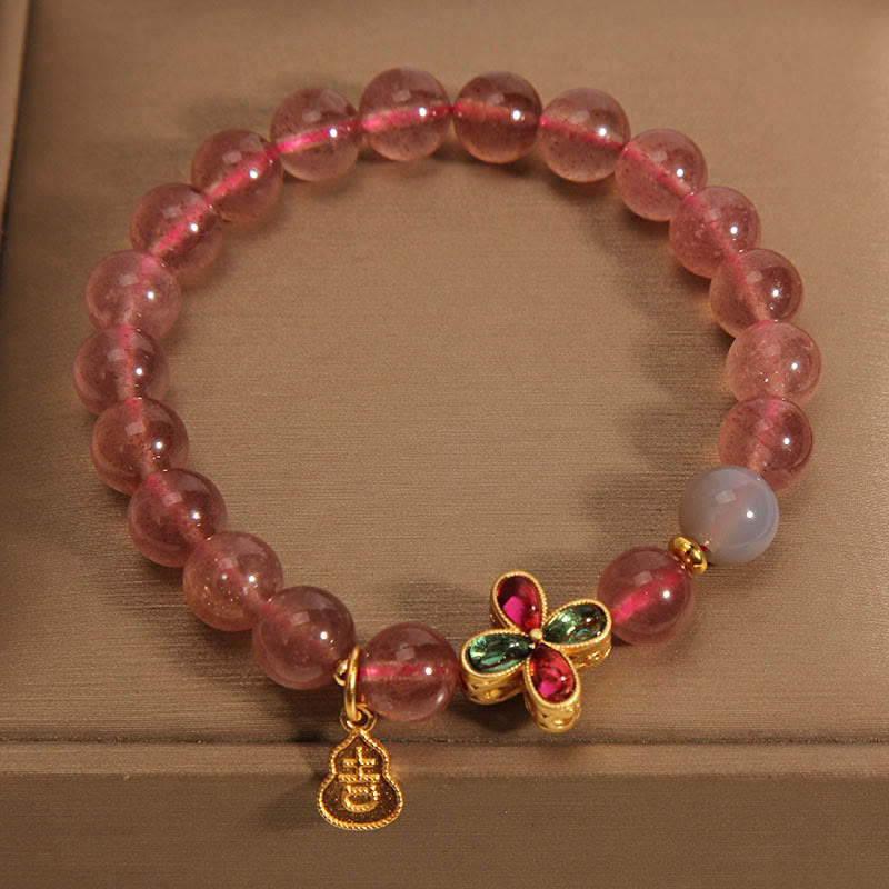 Wear FengShui Strawberry Quartz Four-leaf Clover Lucky Gourd Healing Bracelet