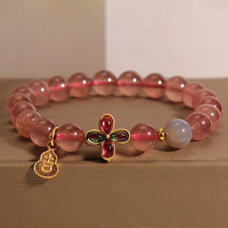Wear FengShui Strawberry Quartz Four-leaf Clover Lucky Gourd Healing Bracelet