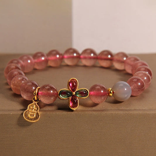 Wear FengShui Strawberry Quartz Four-leaf Clover Lucky Gourd Healing Bracelet