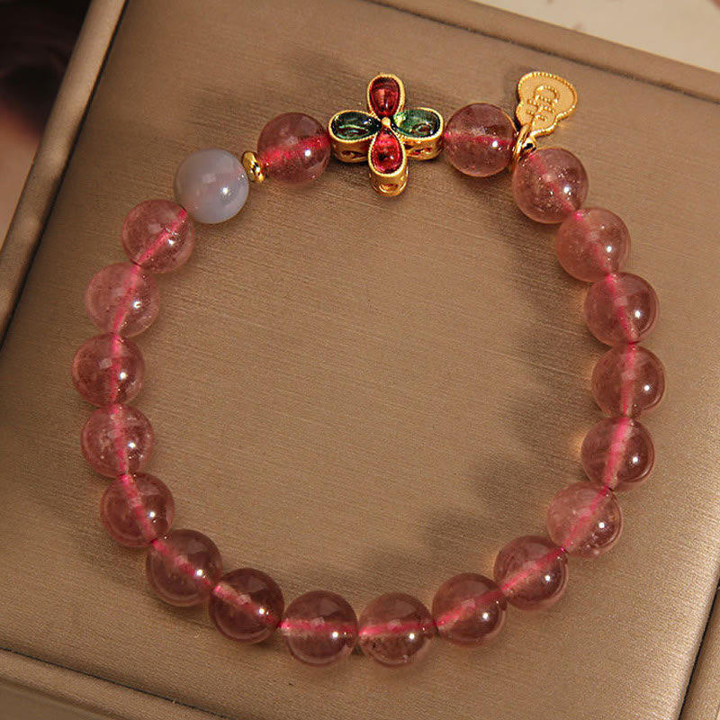 Wear FengShui Strawberry Quartz Four-leaf Clover Lucky Gourd Healing Bracelet