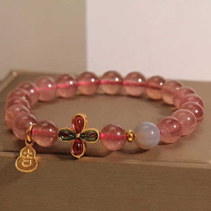 Wear FengShui Strawberry Quartz Four-leaf Clover Lucky Gourd Healing Bracelet