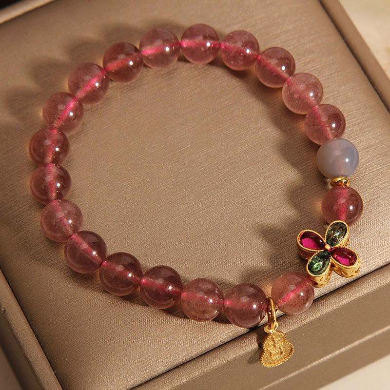 Wear FengShui Strawberry Quartz Four-leaf Clover Lucky Gourd Healing Bracelet