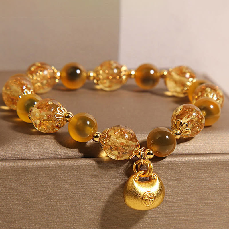 Wear FengShui Yellow Candy Agate Fu Character Blessing Bag Healing Bracelet