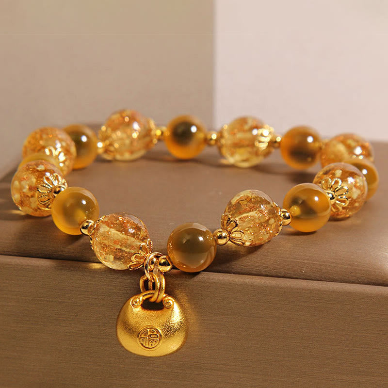 Wear FengShui Yellow Candy Agate Fu Character Blessing Bag Healing Bracelet