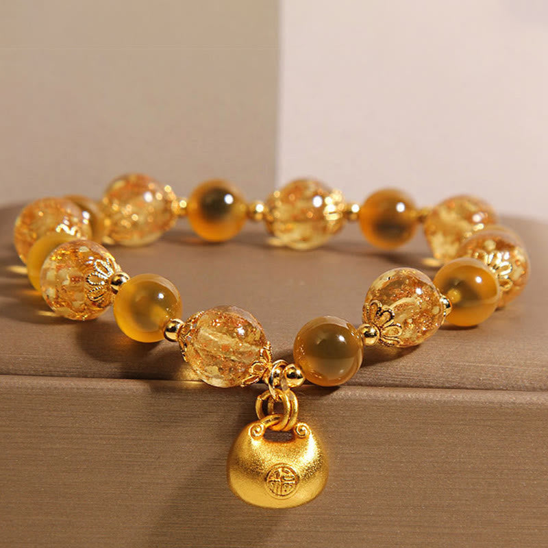 Wear FengShui Yellow Candy Agate Fu Character Blessing Bag Healing Bracelet