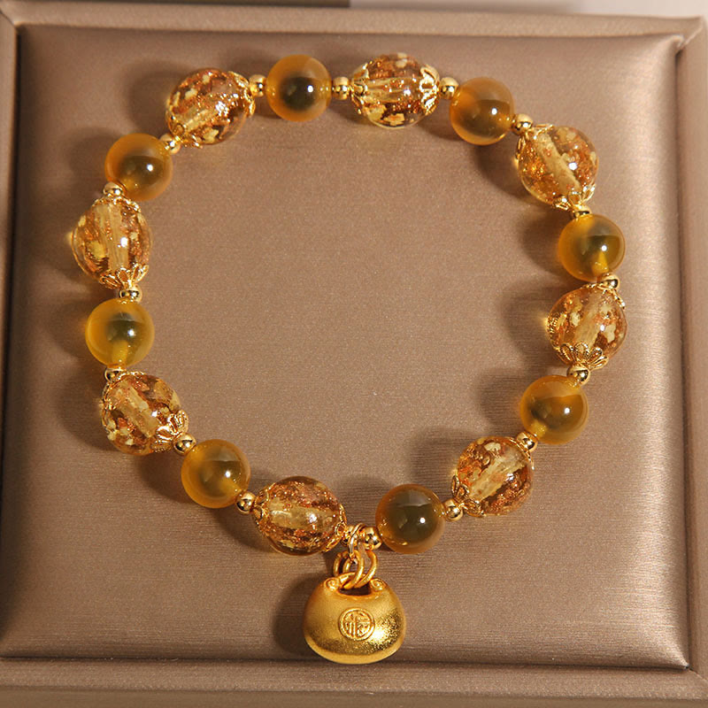 Wear FengShui Yellow Candy Agate Fu Character Blessing Bag Healing Bracelet