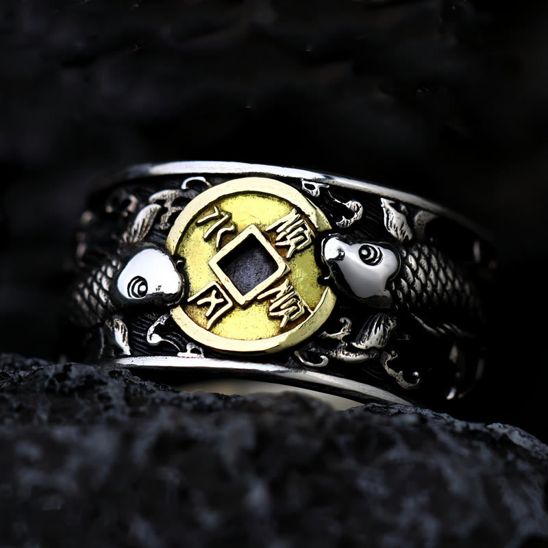 Wear FengShui Adjustable Opening 925 Sterling Silver Lucky Koi Fish Copper Coin Auspicious Clouds Wealth Ring