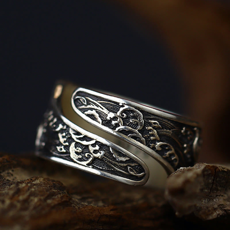 Wear FengShui Adjustable Opening 925 Sterling Silver Lucky Koi Fish Copper Coin Auspicious Clouds Wealth Ring