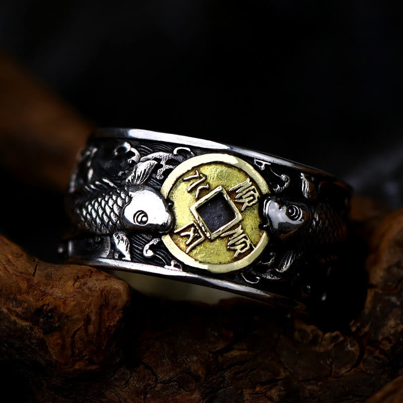 Wear FengShui Adjustable Opening 925 Sterling Silver Lucky Koi Fish Copper Coin Auspicious Clouds Wealth Ring